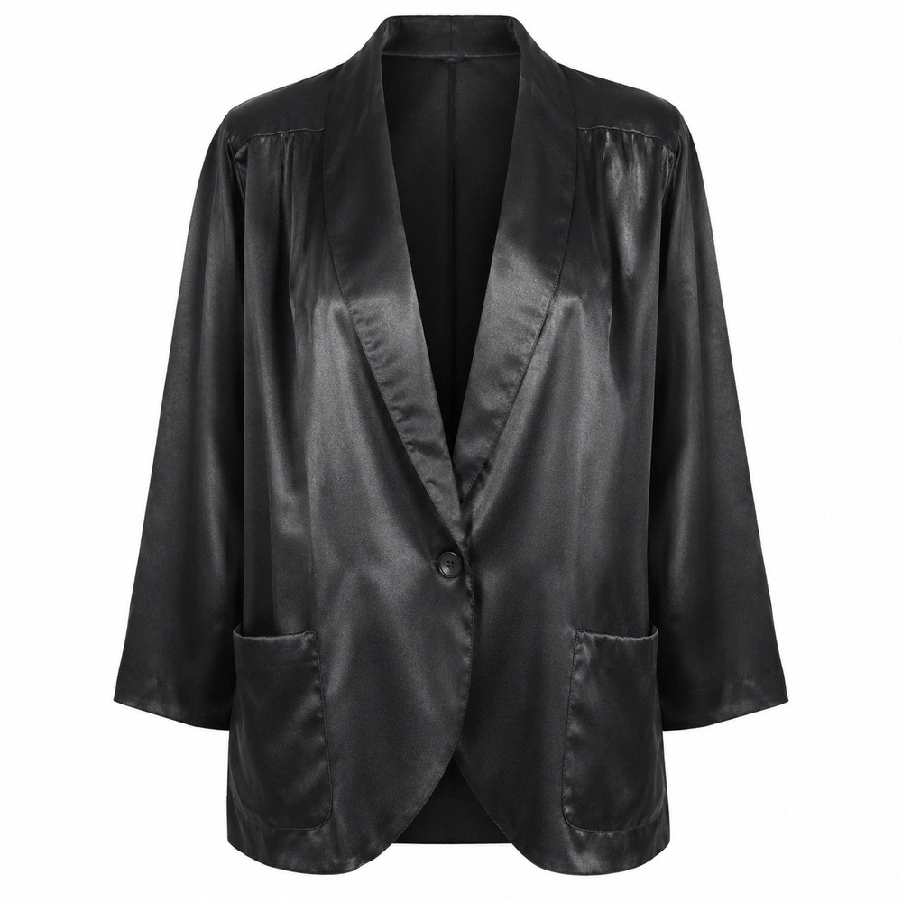 Vintage Ziba Petite Black Satin Open Front Blazer Jacket Womens 12P Canada Made‎
